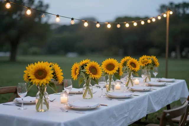Long set outdoor dining table with sunflower vases and string lights at dusk in a grassy park
