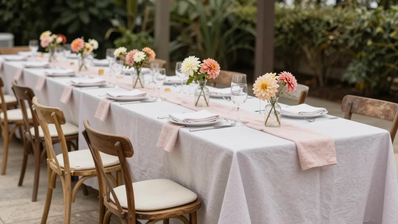 Long decorated dining table set for a gathering under a pergola with pastel linens and dahlia centerpieces