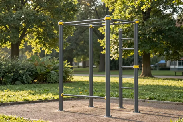 Empty outdoor calisthenics pull-up bar station sits in a sunlit park at early morning.