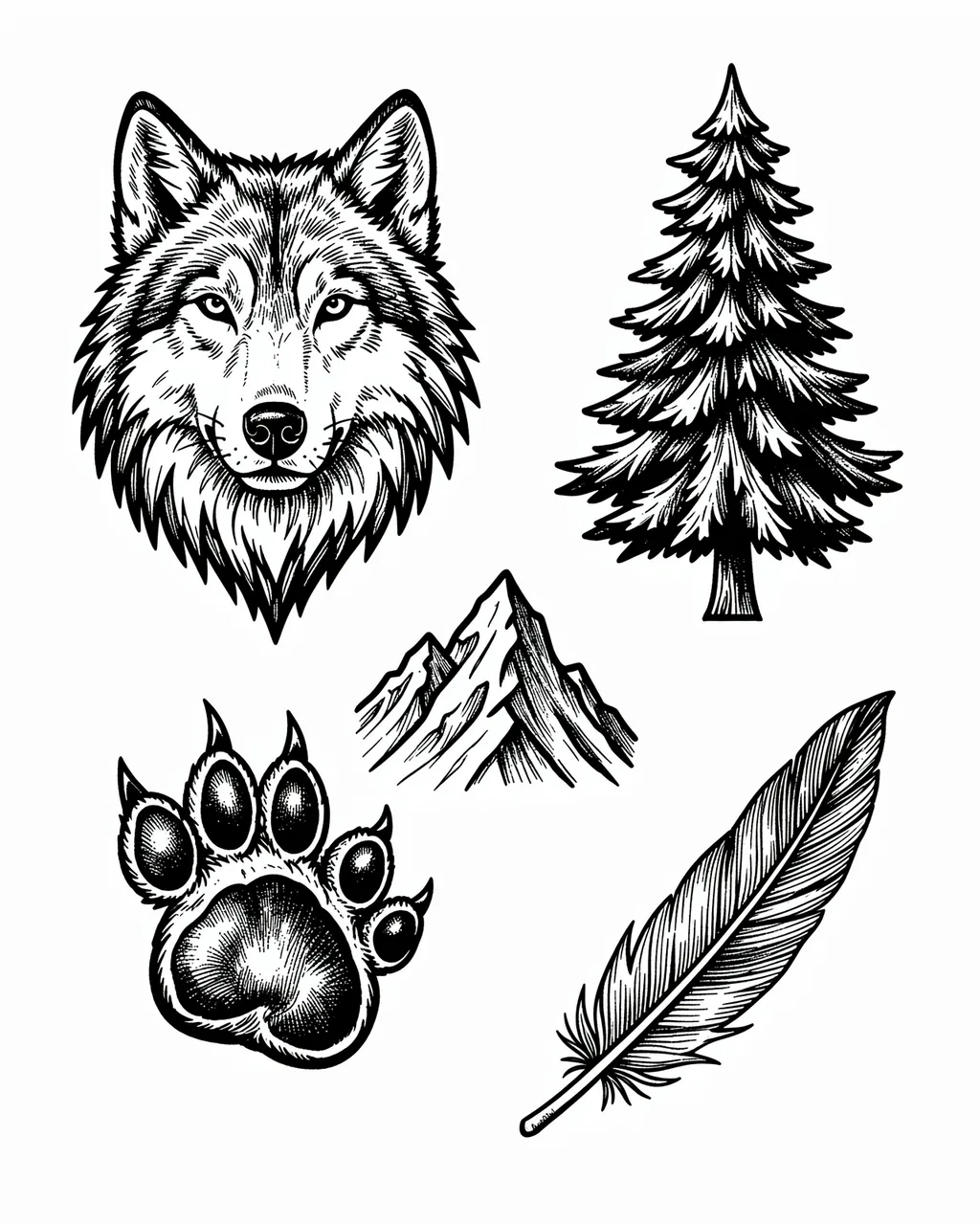 Black ink tattoo flash designs featuring a wolf head, pine tree, mountain peak, bear paw and feather on a white background