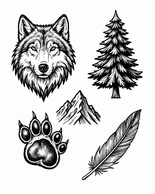 Black ink tattoo flash designs featuring a wolf head, pine tree, mountain peak, bear paw and feather on a white background