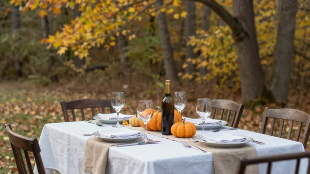 A set Thanksgiving dining table sits outdoors beneath golden autumn trees