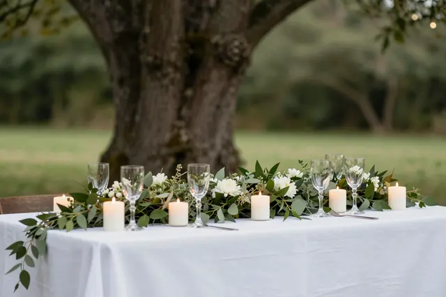 A linen-covered wedding table with glowing candles, greenery and glassware sits under a large tree in a grassy field.