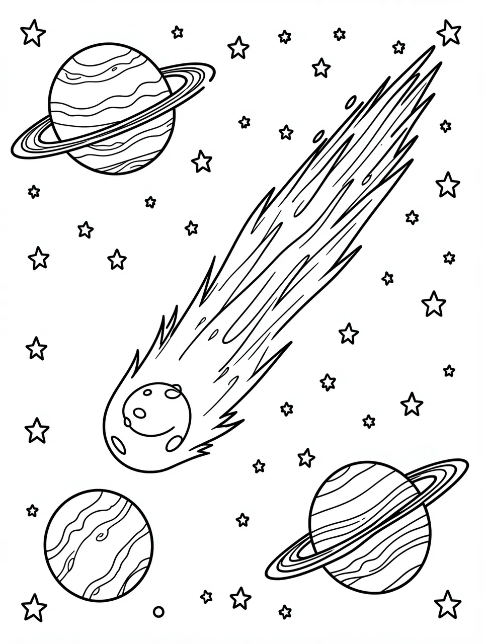 Bold black and white line art of planets, a comet, and scattered stars on a plain white background