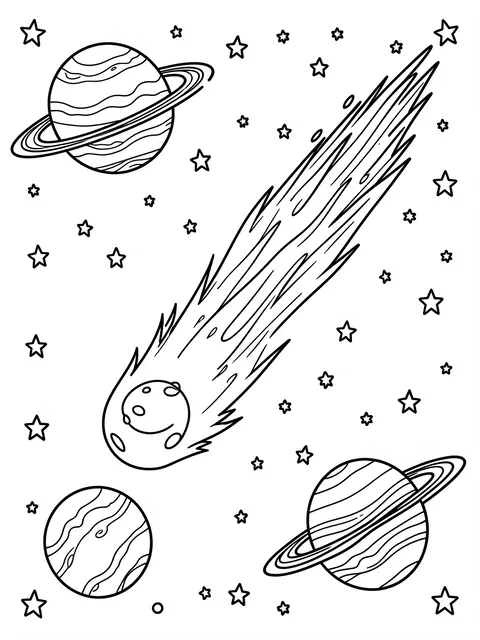 Bold black and white line art of planets, a comet, and scattered stars on a plain white background