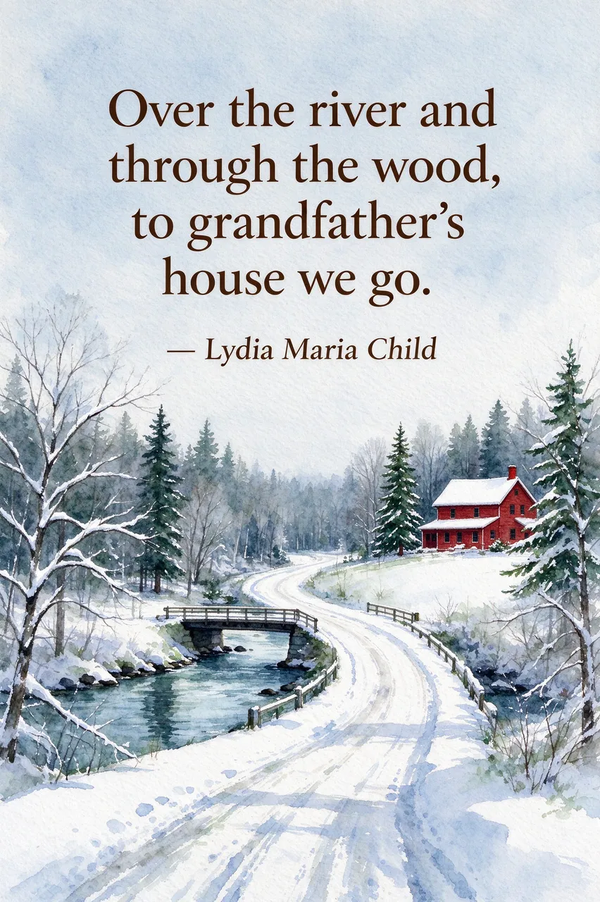 Watercolor winter landscape with the quote "Over the river and through the wood, to grandfather's house we go. — Lydia Maria