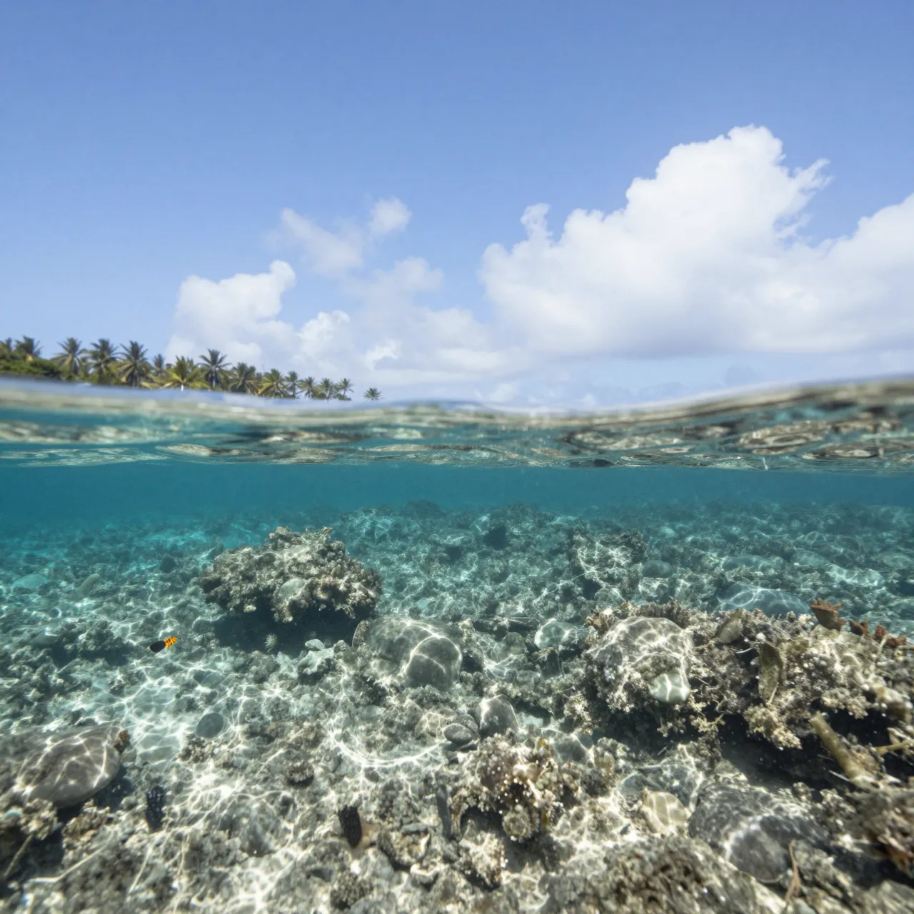 Split above and below water view of a shallow tropical reef with palm trees under a bright sky