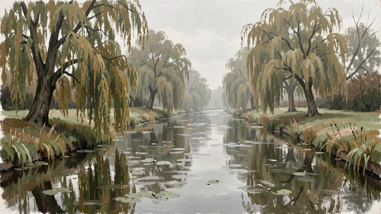Oil sketch of a quiet tree-lined canal under a soft gray overcast morning sky