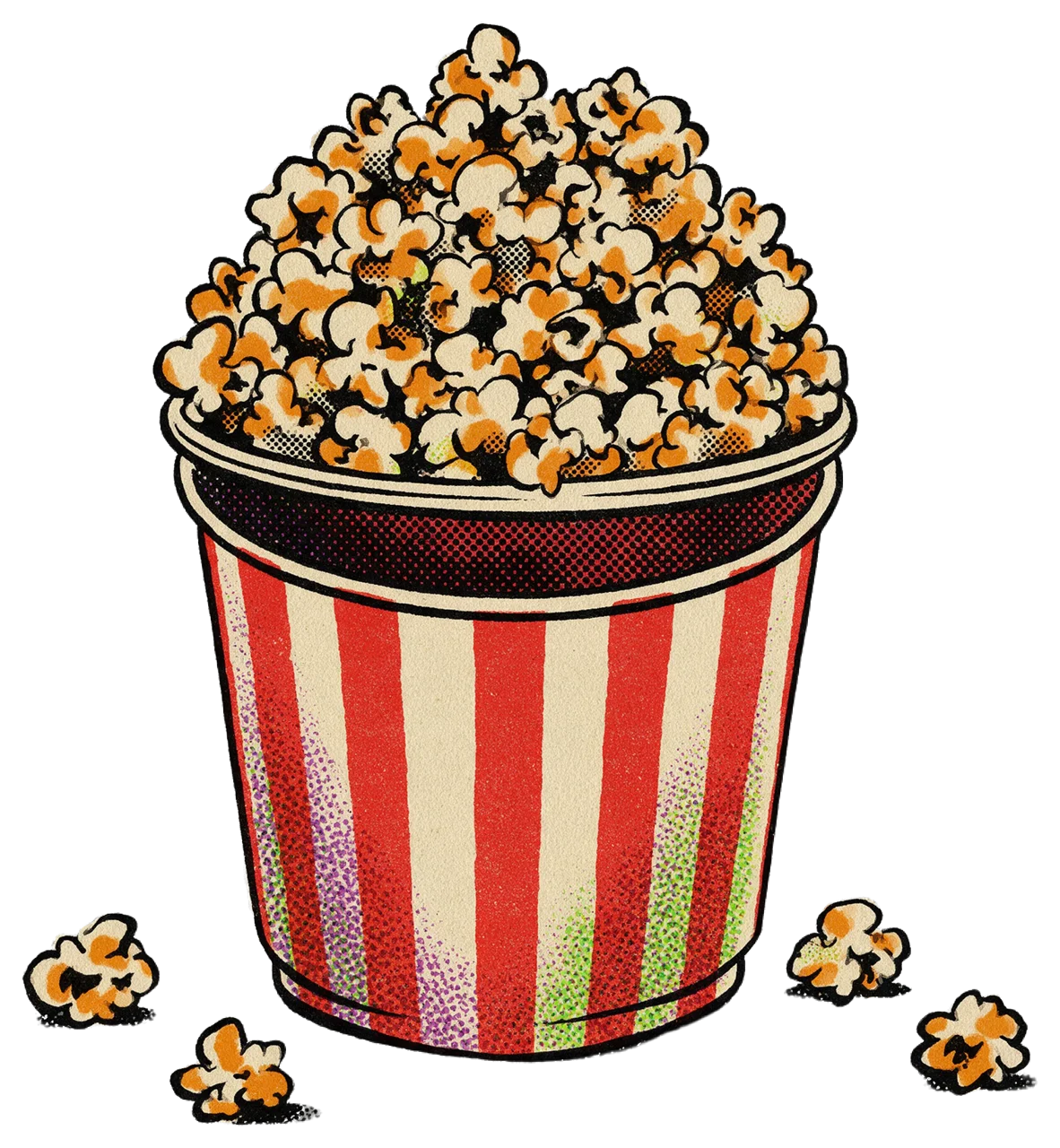 Vintage comic style striped tub overflowing with popcorn with scattered pieces beside it