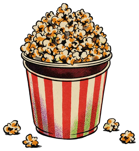 Vintage comic style striped tub overflowing with popcorn with scattered pieces beside it