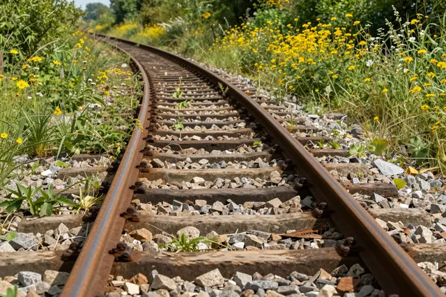 Rusty abandoned railway tracks curve into the distance surrounded by summer wildflowers and green foliage