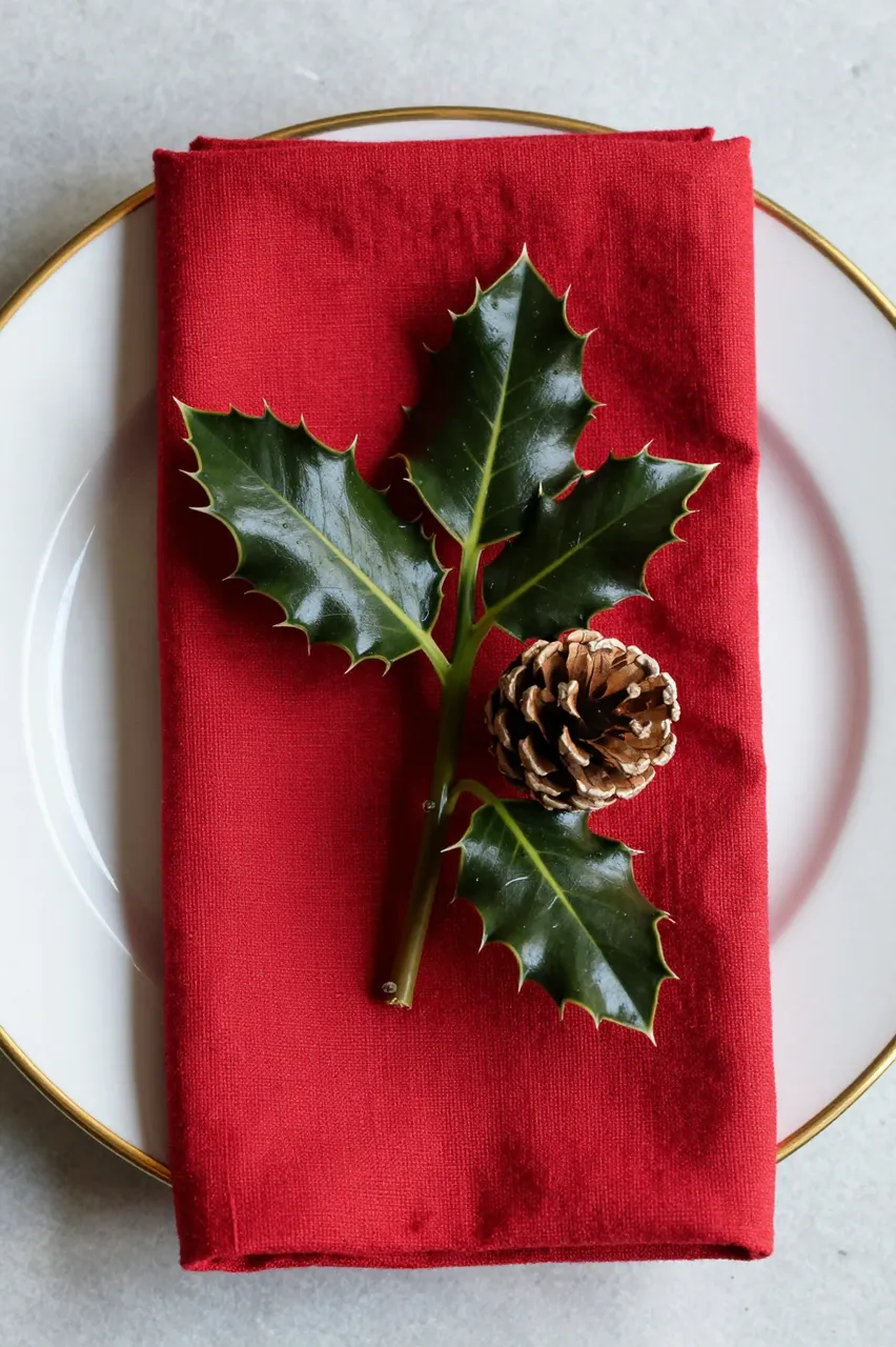 Top-down view of a gold-rimmed plate holding a folded red napkin, holly sprig, and pinecone.