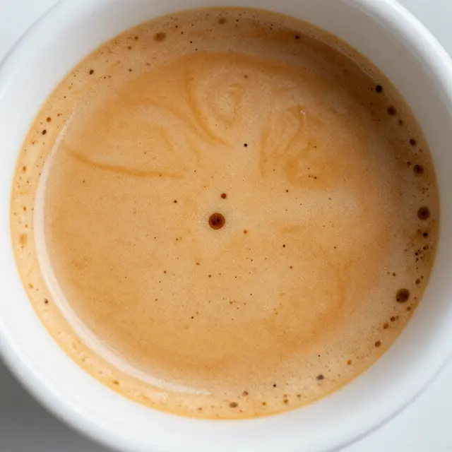 Top-down macro view of frothy espresso crema speckled with dark bubbles in a white ceramic cup