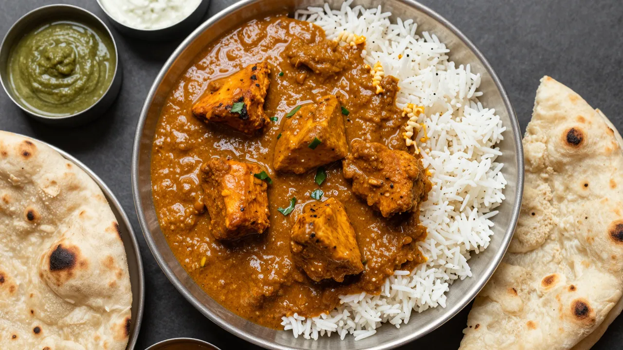 Top down view of an Indian thali with butter chicken, rice, naan and chutney bowls on a dark surface