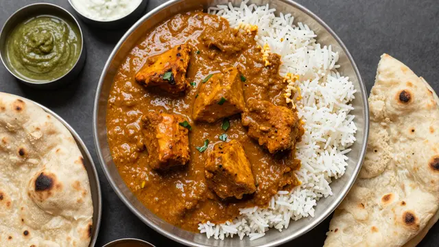 Top down view of an Indian thali with butter chicken, rice, naan and chutney bowls on a dark surface