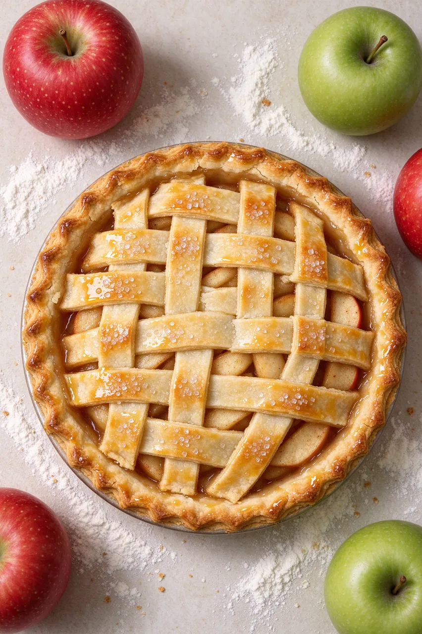 Top-down view of a baked lattice-top apple pie surrounded by fresh apples and scattered flour on a light countertop