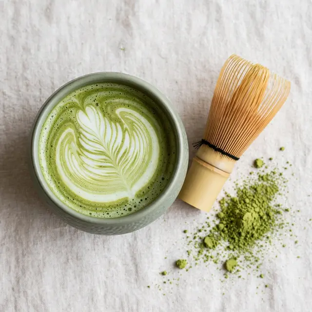 Top-down view of a sage ceramic matcha latte with rosetta art, bamboo whisk, and scattered matcha powder on linen