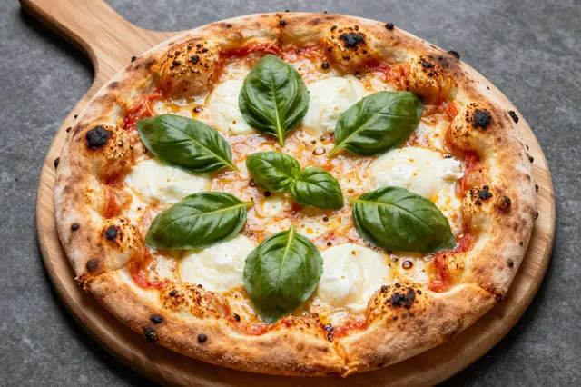 Top-down view of blistered Neapolitan pizza topped with fresh basil and mozzarella resting on a wooden peel over a dark
