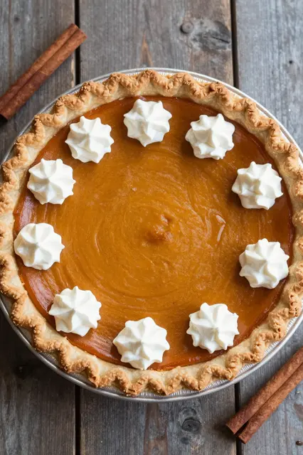 Top-down view of a pumpkin pie with whipped cream dollops and cinnamon sticks on a rustic wooden table