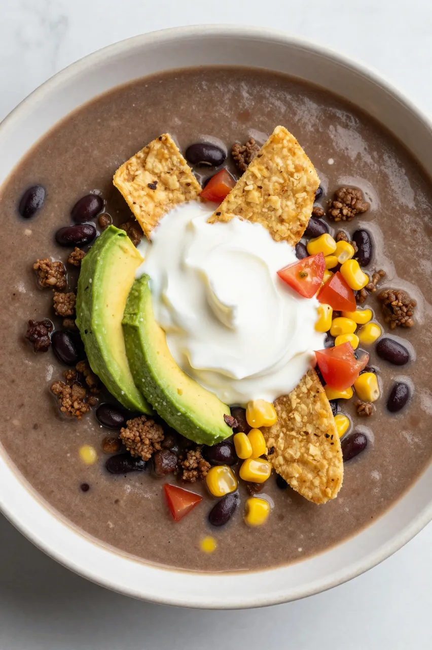 Top down view of a bowl of taco soup garnished with avocado, sour cream, tortilla strips and fresh toppings