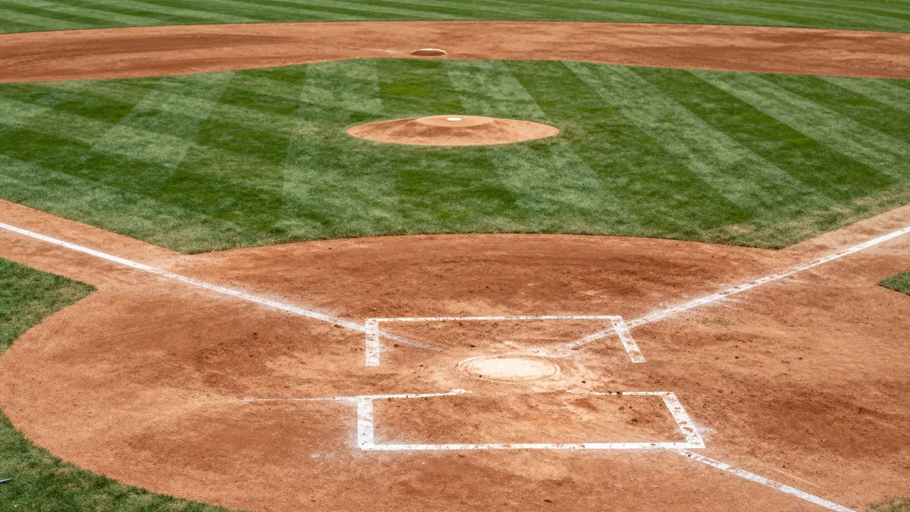 High-angle view of a freshly marked baseball field with groomed grass, dirt infield and crisp chalk lines.