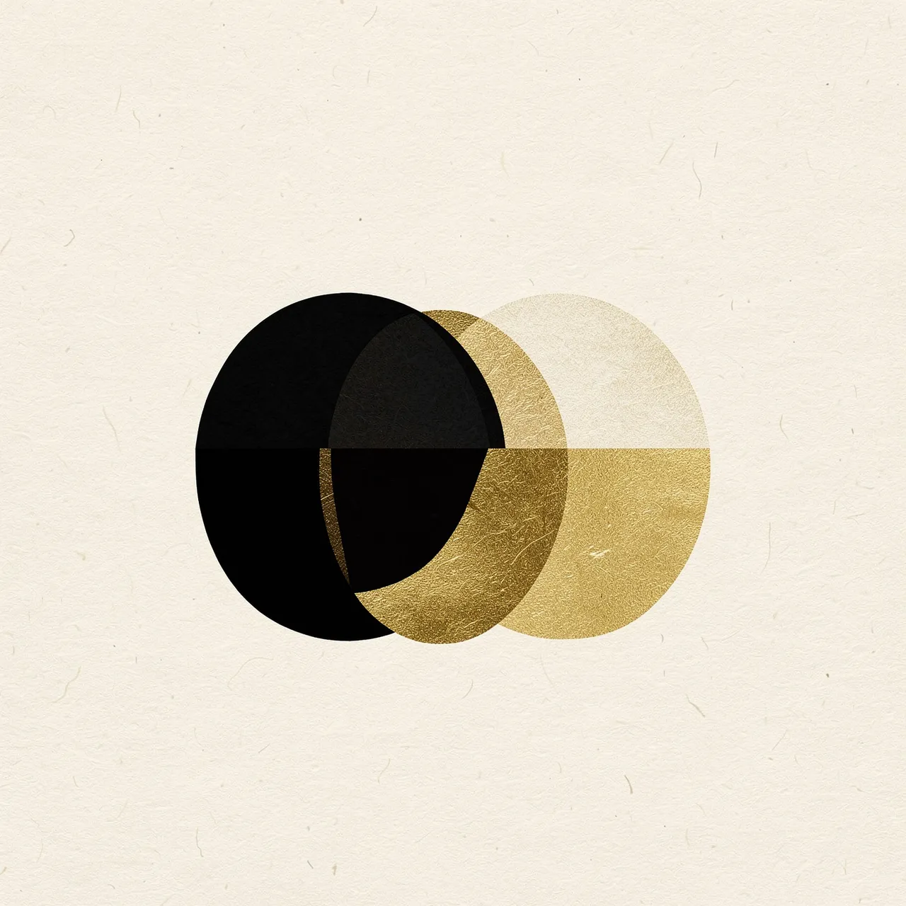 Minimal geometric abstract artwork with overlapping black and gold semicircles on textured ivory paper