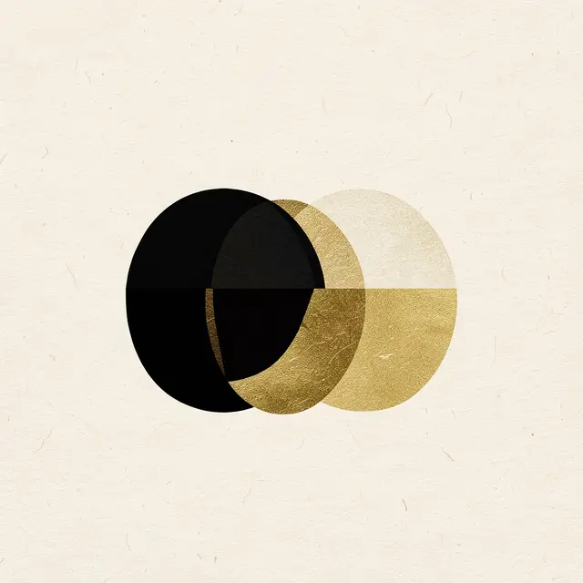 Minimal geometric abstract artwork with overlapping black and gold semicircles on textured ivory paper