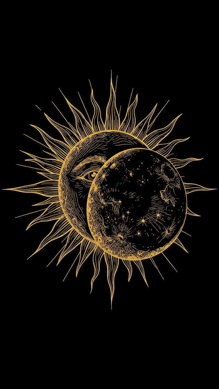 Gold line art of an overlapping sun and moon on a solid black vertical background