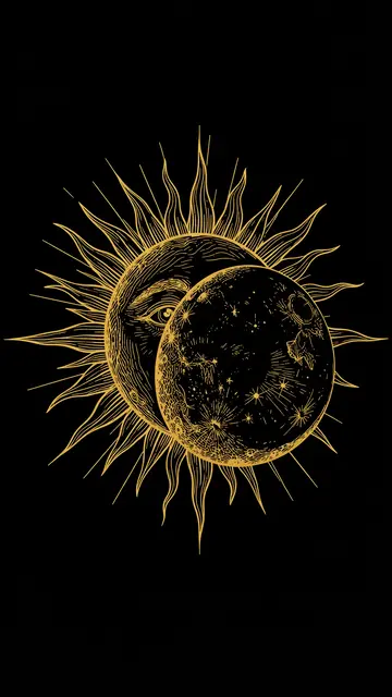 Gold line art of an overlapping sun and moon on a solid black vertical background