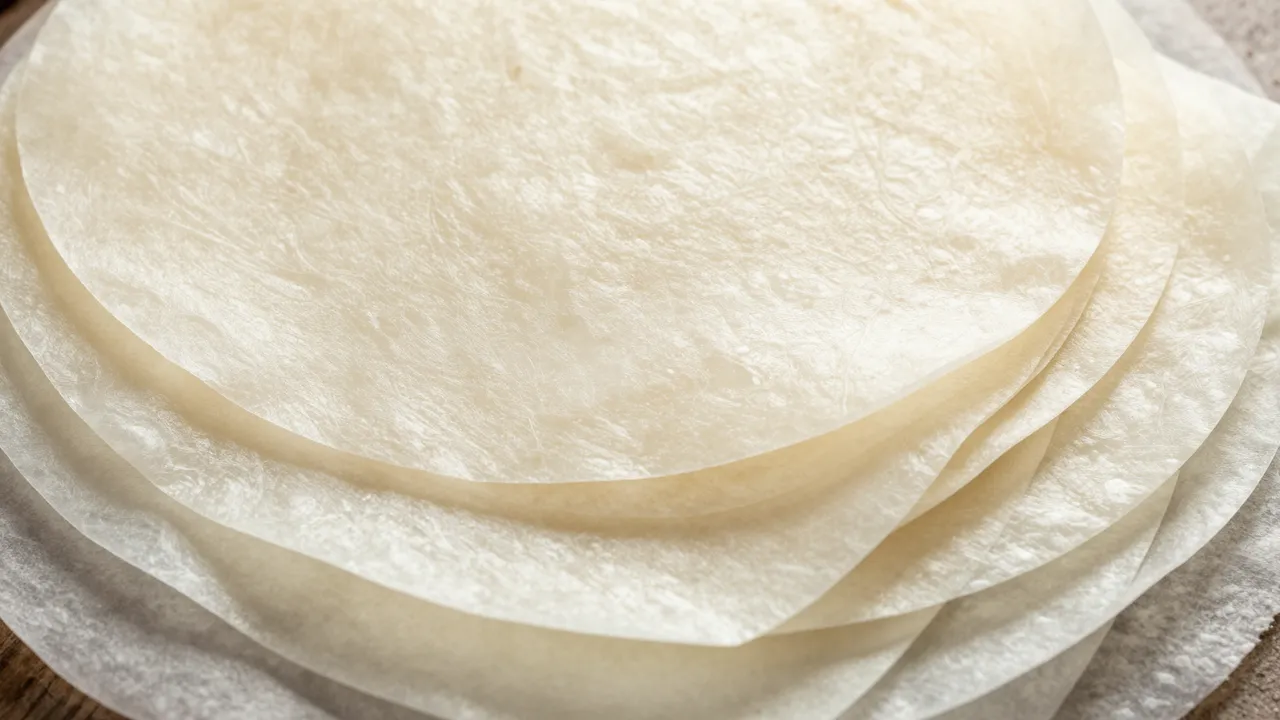 Stacked overlapping sheets of pale translucent rice paper lit by soft warm light
