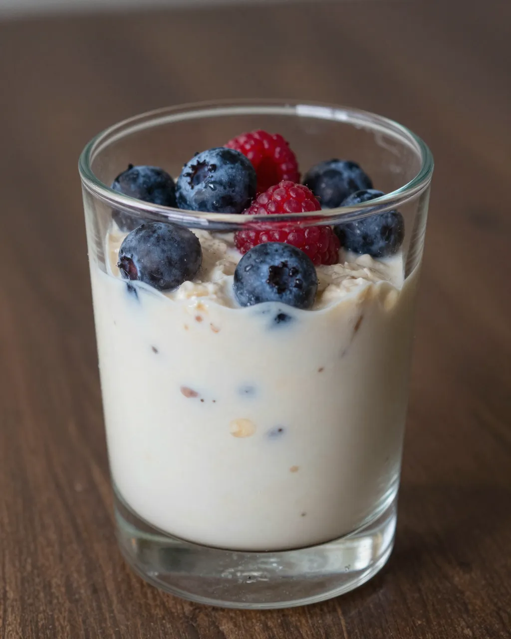 A clear glass of creamy overnight oats topped with blueberries and raspberries rests on a dark wooden table