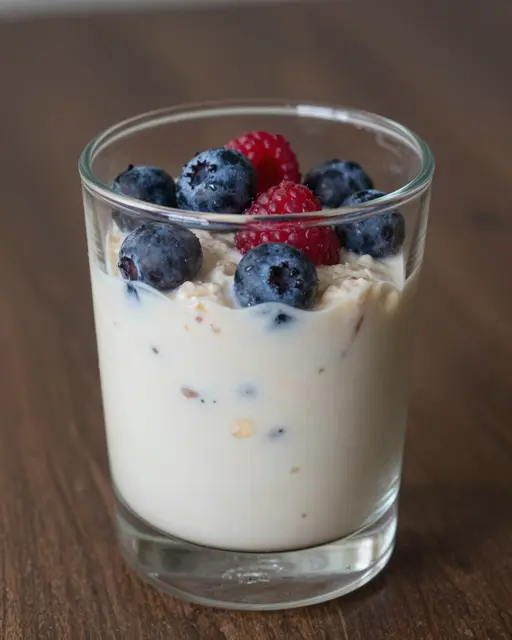 A clear glass of creamy overnight oats topped with blueberries and raspberries rests on a dark wooden table