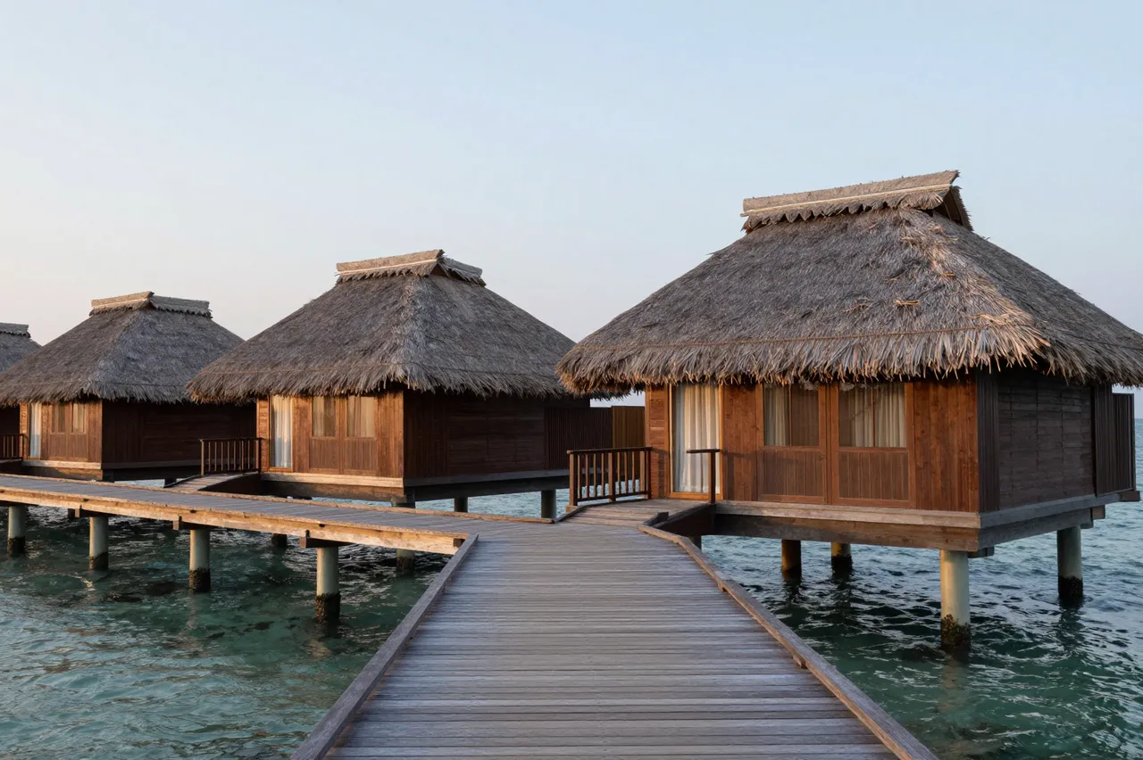 Thatched roof overwater villas connected by a wooden walkway over calm turquoise ocean at dusk