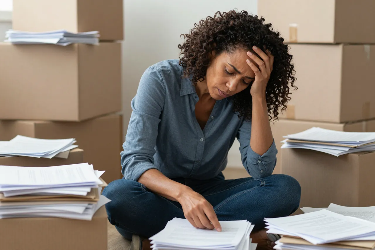 A mixed-race woman in her forties sits on the floor surrounded by boxes and papers looking stressed while reviewing