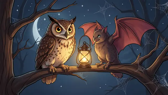 A cartoon owl and anthropomorphic bat sit on a tree branch beside a glowing lantern on a starry Halloween night.
