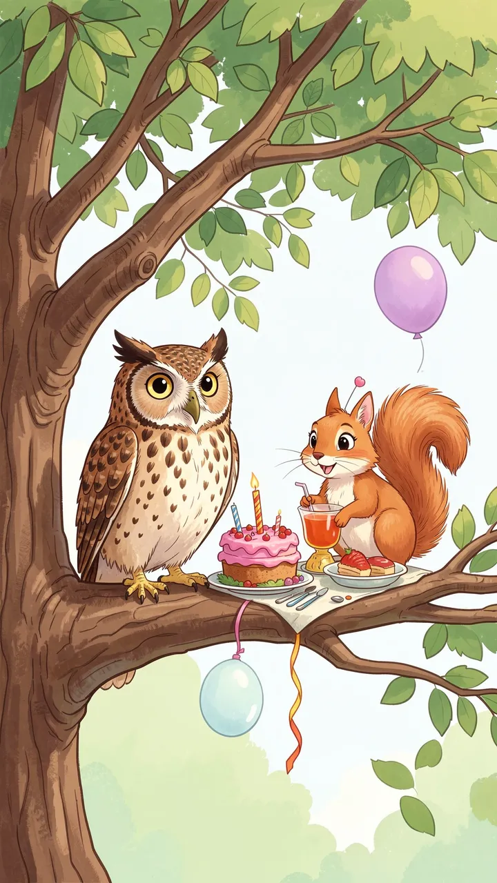 An owl and squirrel share a birthday tea party on a tree branch with cake, snacks, and balloons.