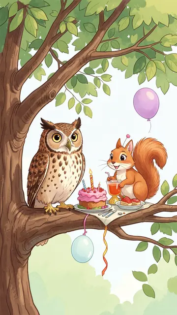 An owl and squirrel share a birthday tea party on a tree branch with cake, snacks, and balloons.