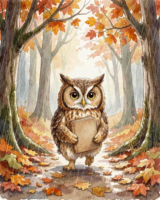 A cute illustrated owl holds a plain book while walking along a drizzly autumn forest path