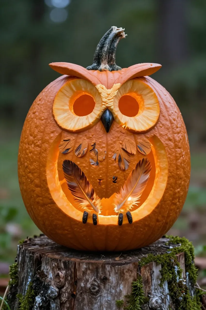 An owl-themed carved pumpkin rests glowing on a mossy tree stump in a forest setting.