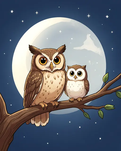 Cartoon illustration of an adult owl and a small owlet sitting side by side on a tree branch in front of a bright full moon