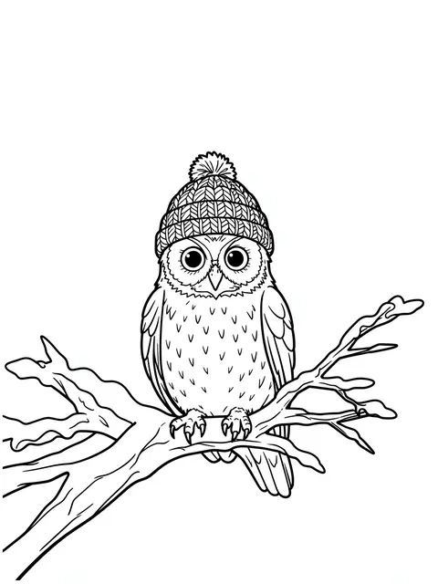 Black and white line art of an owl wearing a pom-pom knit hat perched on a bare branch