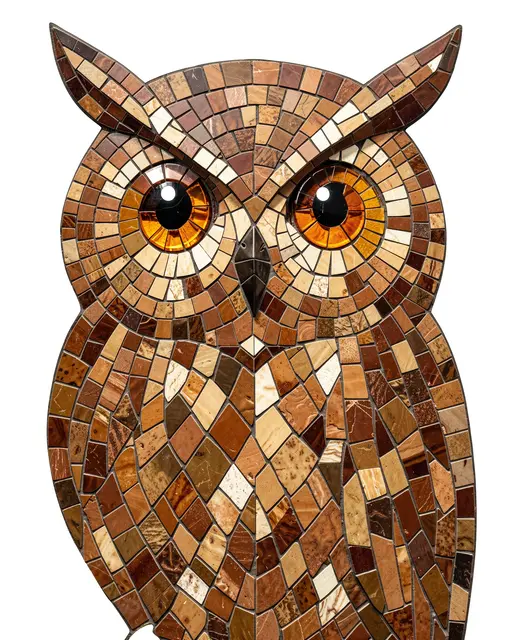 A close-up of an owl mosaic crafted from earthy brown tiles with large glossy amber eyes against a plain white background