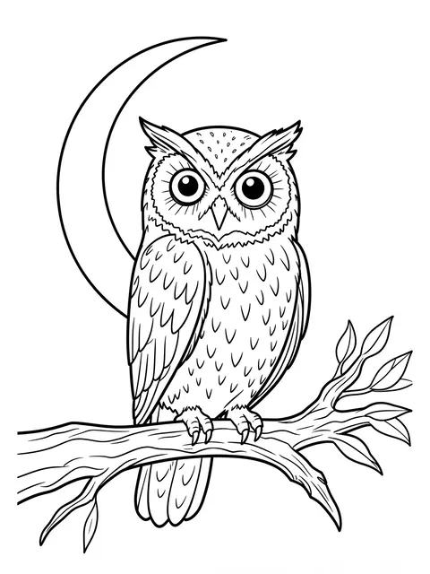 Clean black and white line art of an owl perched on a leafy branch below a crescent moon on a white background
