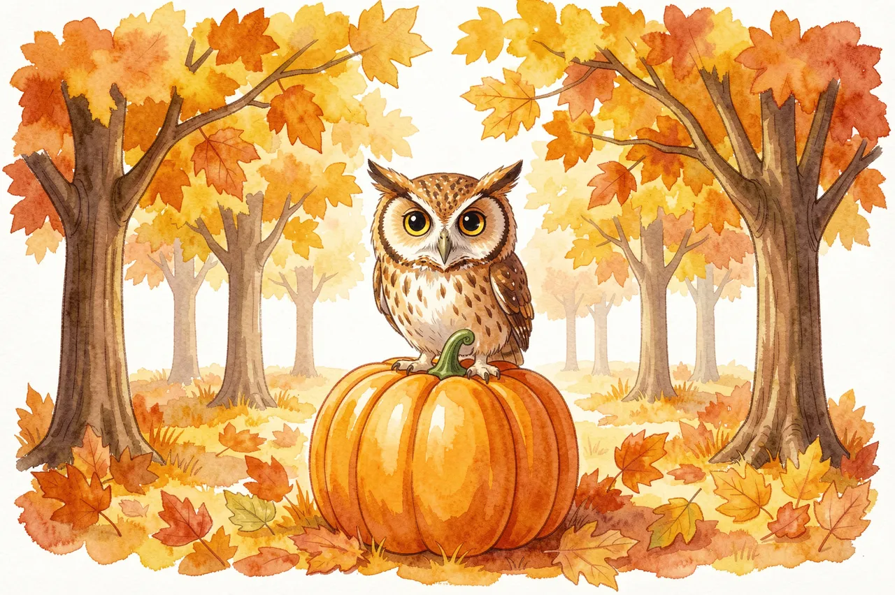 A cute owl perched on a large pumpkin surrounded by golden autumn maple trees