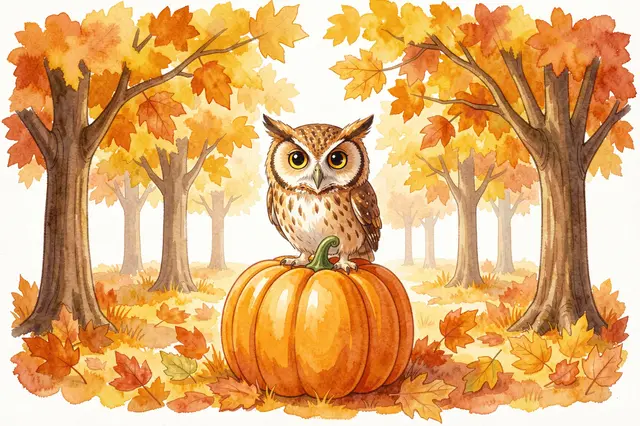 A cute owl perched on a large pumpkin surrounded by golden autumn maple trees