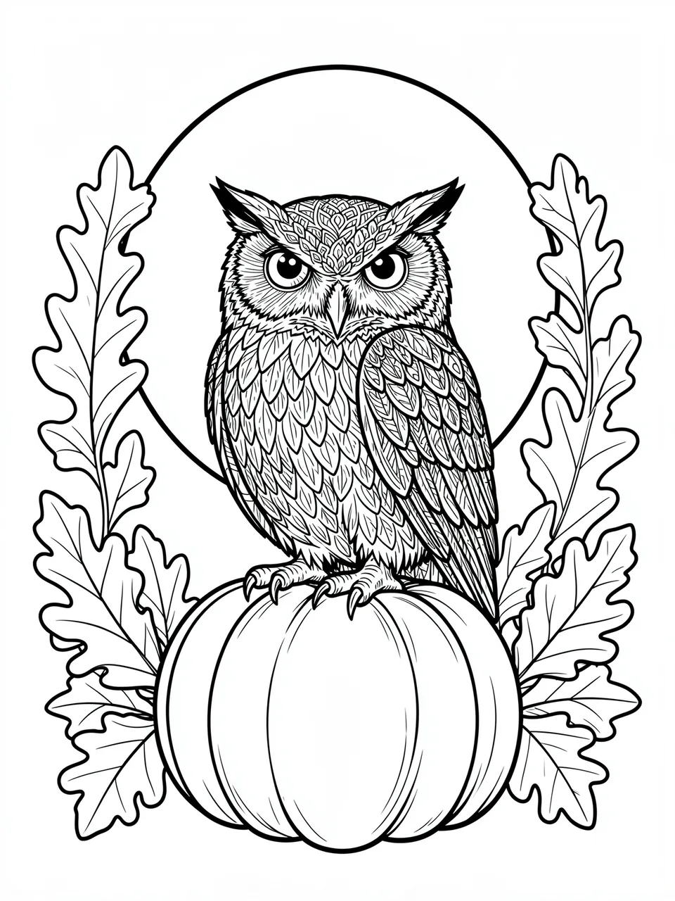 Intricate black and white line art of an owl perched on a pumpkin, framed by oak leaves below a circular harvest moon outline