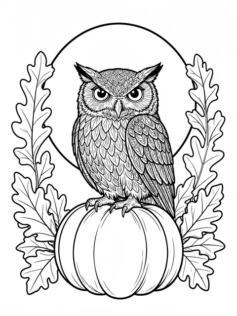 Intricate black and white line art of an owl perched on a pumpkin, framed by oak leaves below a circular harvest moon outline