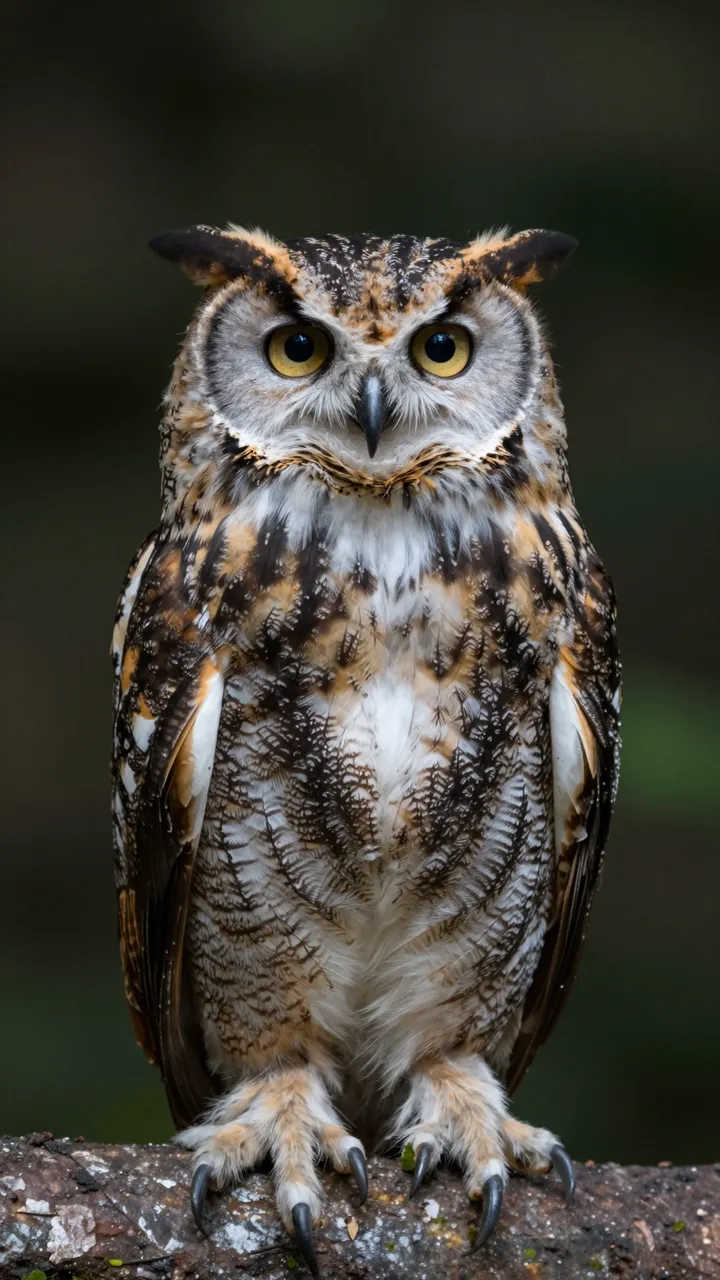 A detailed owl with yellow eyes sits upright on a weathered branch against a blurred dark forest background