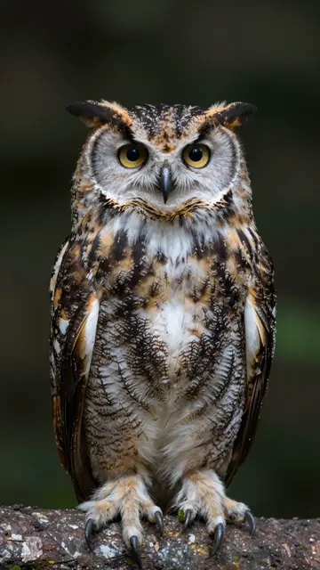 A detailed owl with yellow eyes sits upright on a weathered branch against a blurred dark forest background