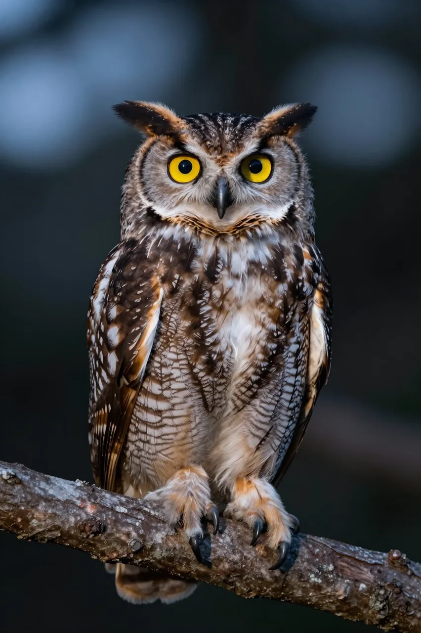 A detailed owl with large bright yellow eyes sits upright on a tree branch facing the viewer